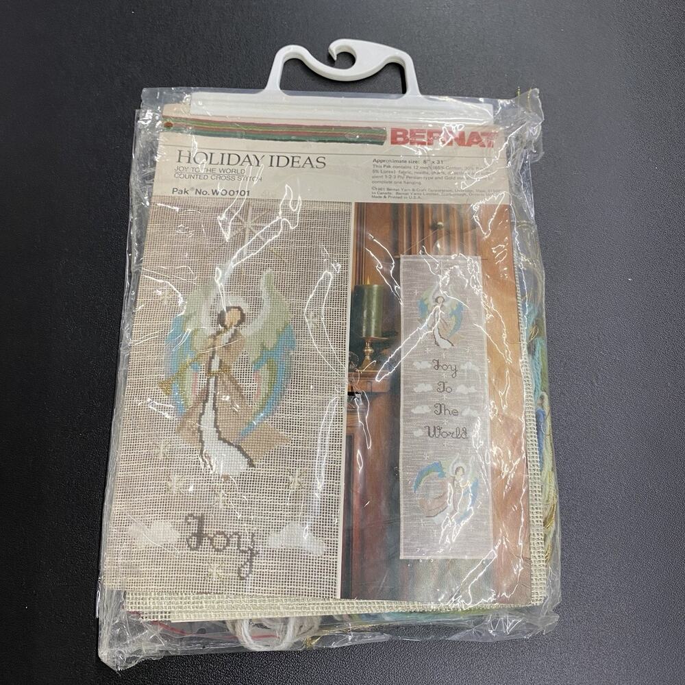 Vintage 1981 BERNAT "Joy to the World" Angel Cross Stitch Banner Kit #W00101